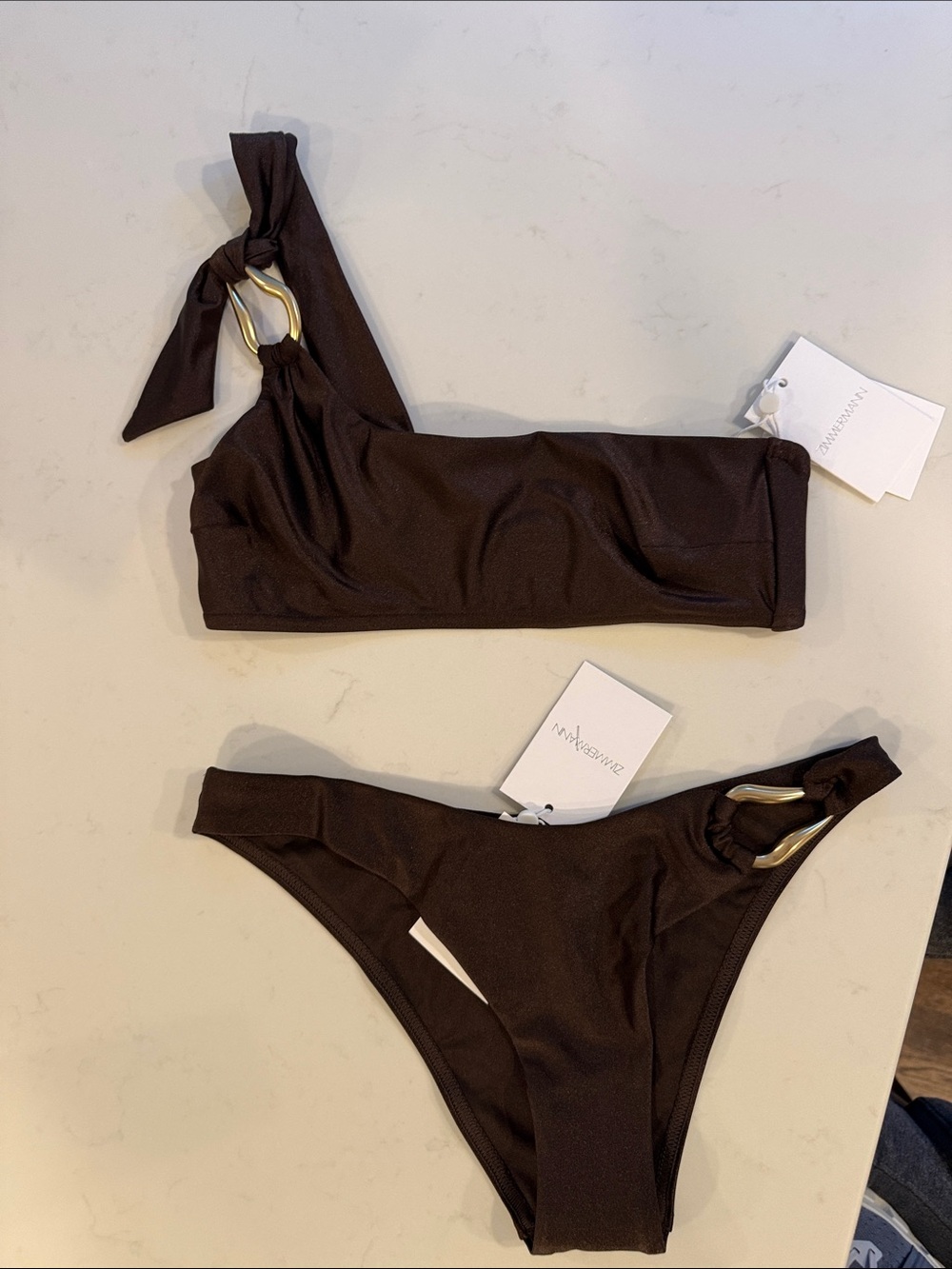 Zimmermann Dark Brown One-Shoulder Bikini with Gold Rings new with tags size 1